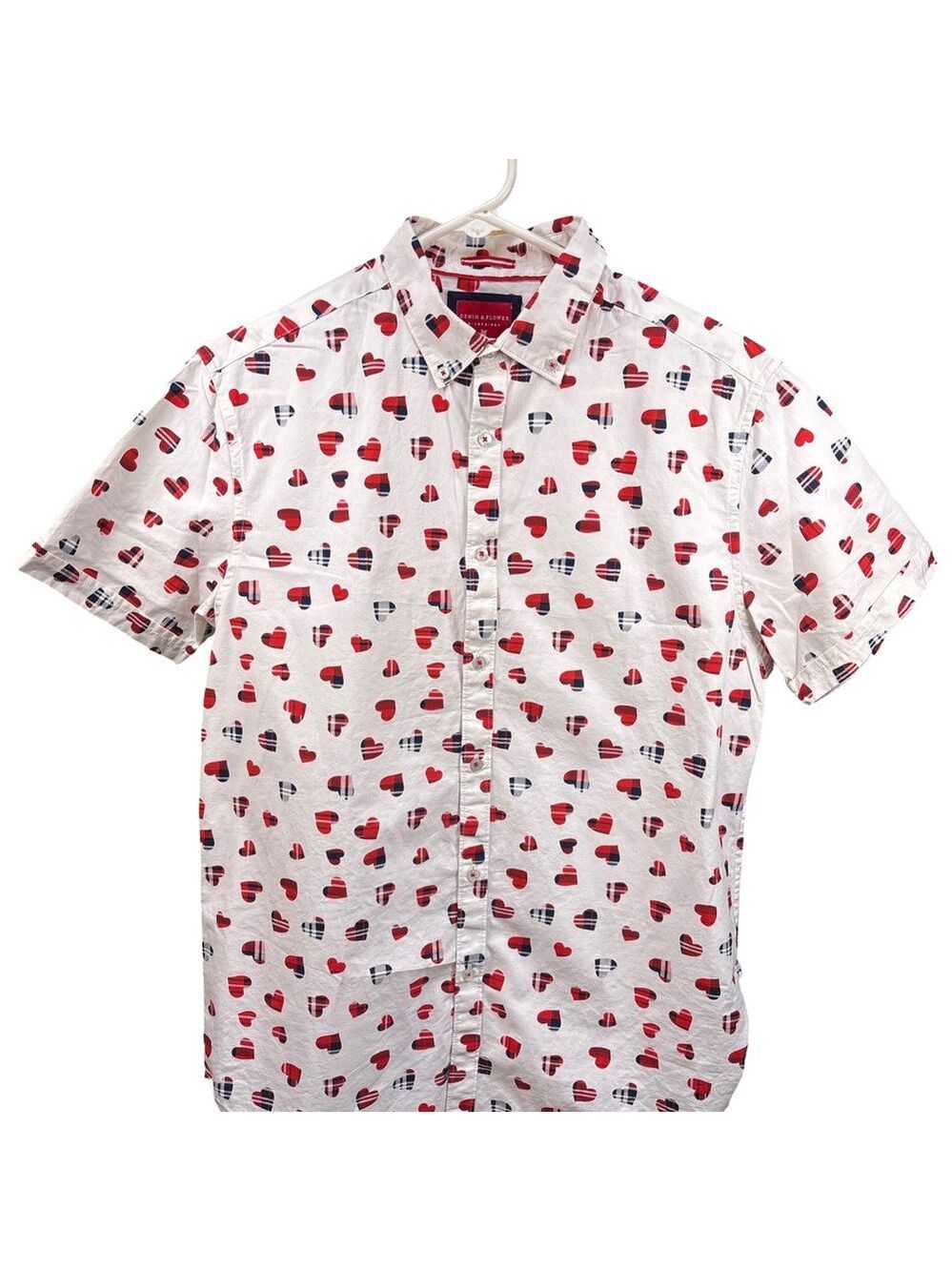 Denim & Flower White Cotton  Shirt with Red and Black Heart Design Medium